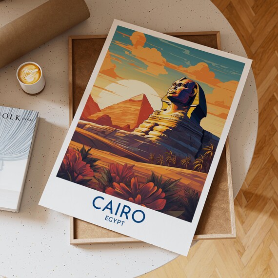 Cairo Egypt Sphinx Pyramids Sunset Unframed Vintage Travel Poster