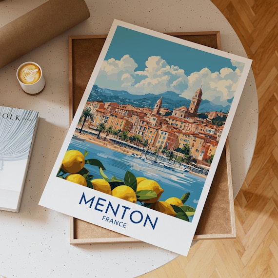Menton France Riviera Old Town Harbor Lemons Seaside Travel Poster