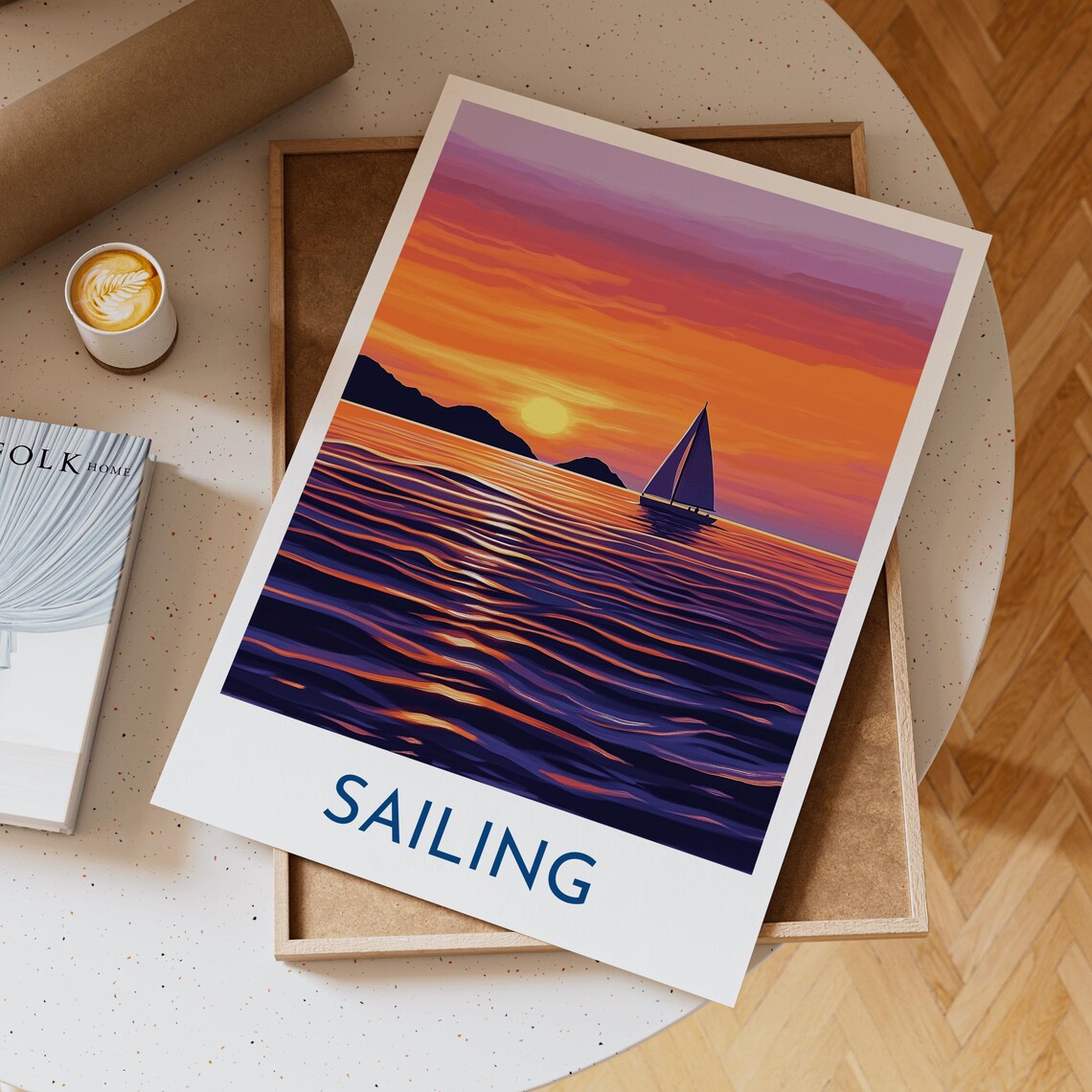 Sailing Sunset Sailboat on Purple Ocean Coastal Adventure Travel Poster