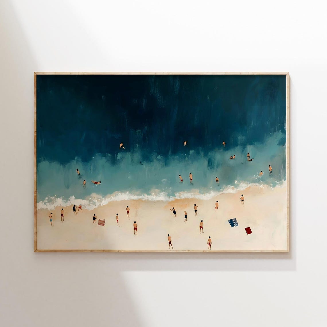 Aerial Beach Swimmers Ocean Coast Minimalist Summer Painting Print