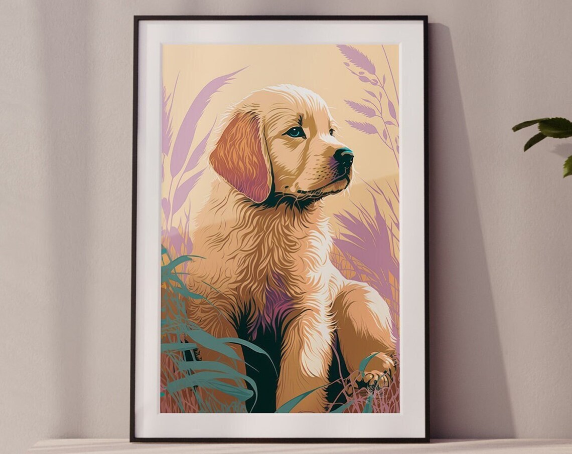Golden Retriever Puppy Poster Purple Meadow Peach Cute Dog Art Decor - Image 3