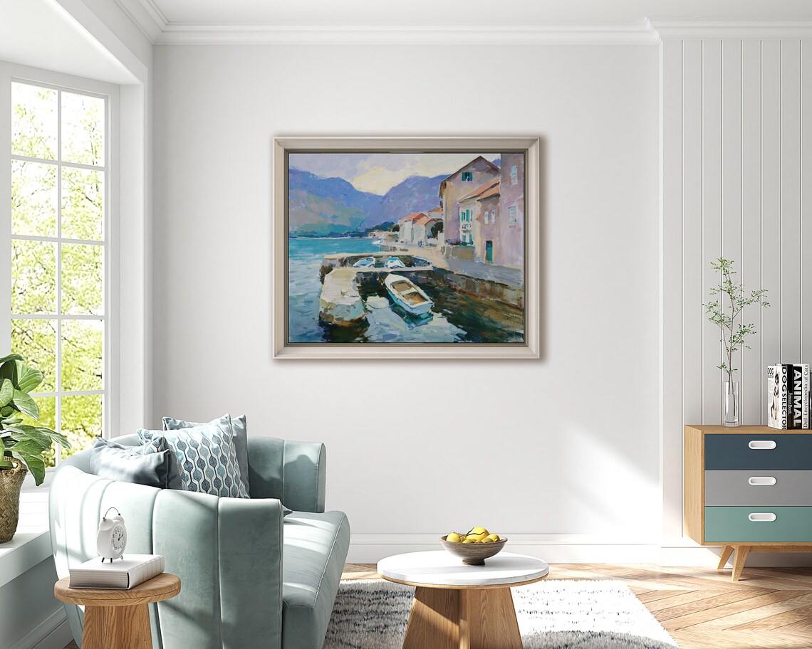 Boats At The Pier Landscape Oil Painting - Image 2