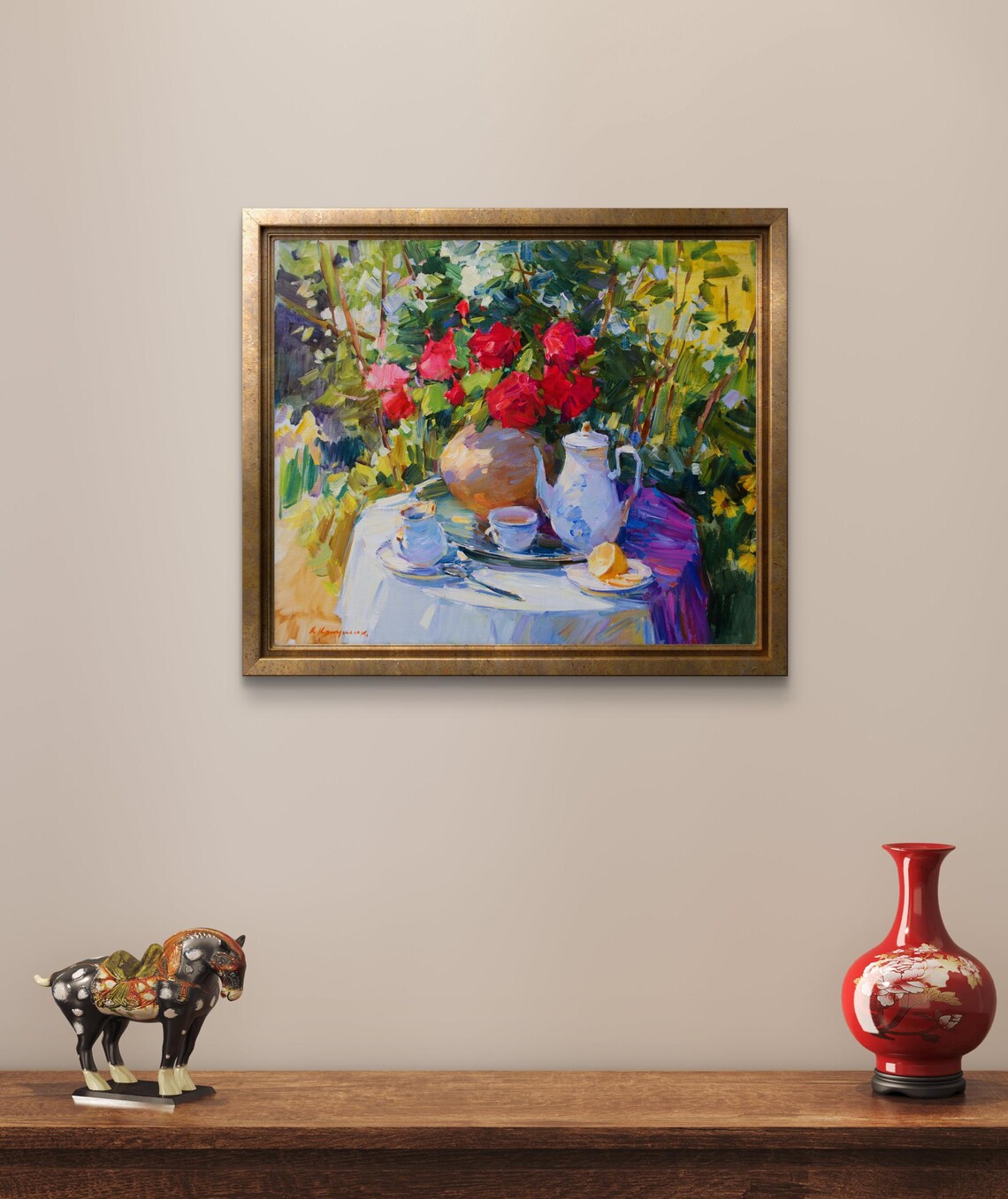 Romantic Tea Setting With Red Roses, Impressionist Oil - Image 2