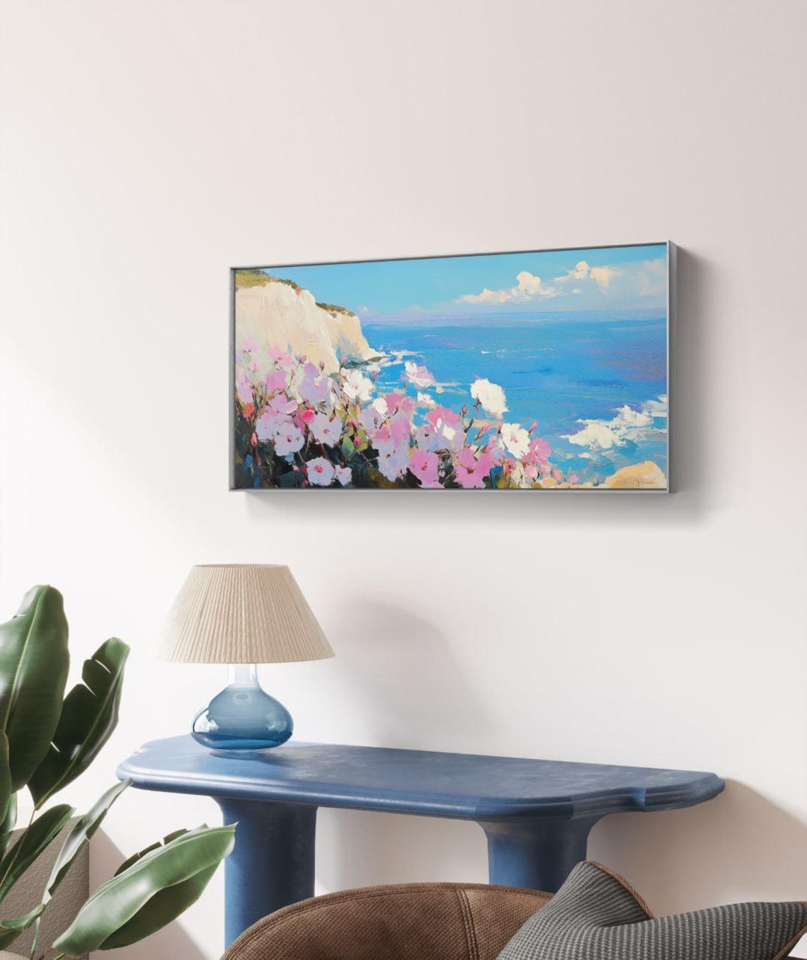 Coastal Floral Bliss, Impressionist Ocean Landscape