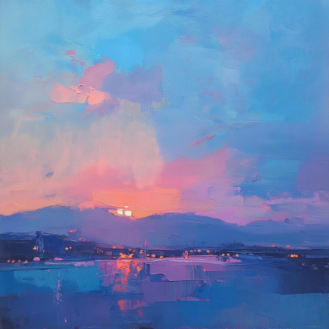 Vivid Twilight Horizon Over Calm Waters Original Modern Impressionist Oil Painting With Sunset Reflections - Image 3