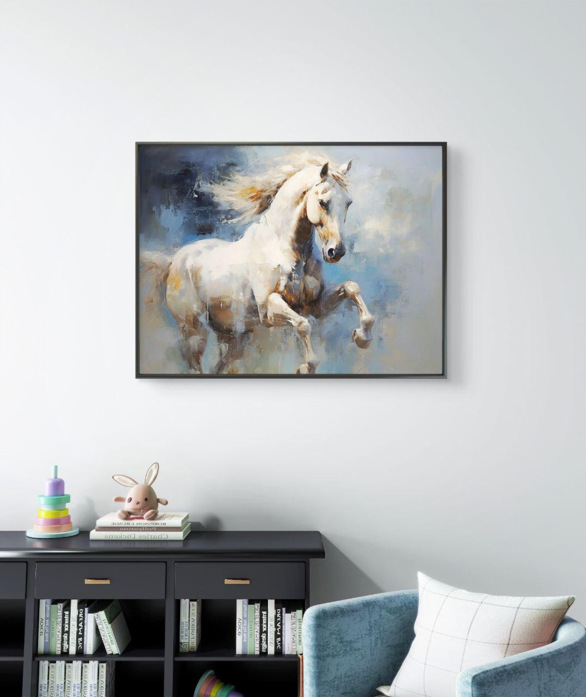 Majestic White Stallion Oil Painting, Equine Abstract