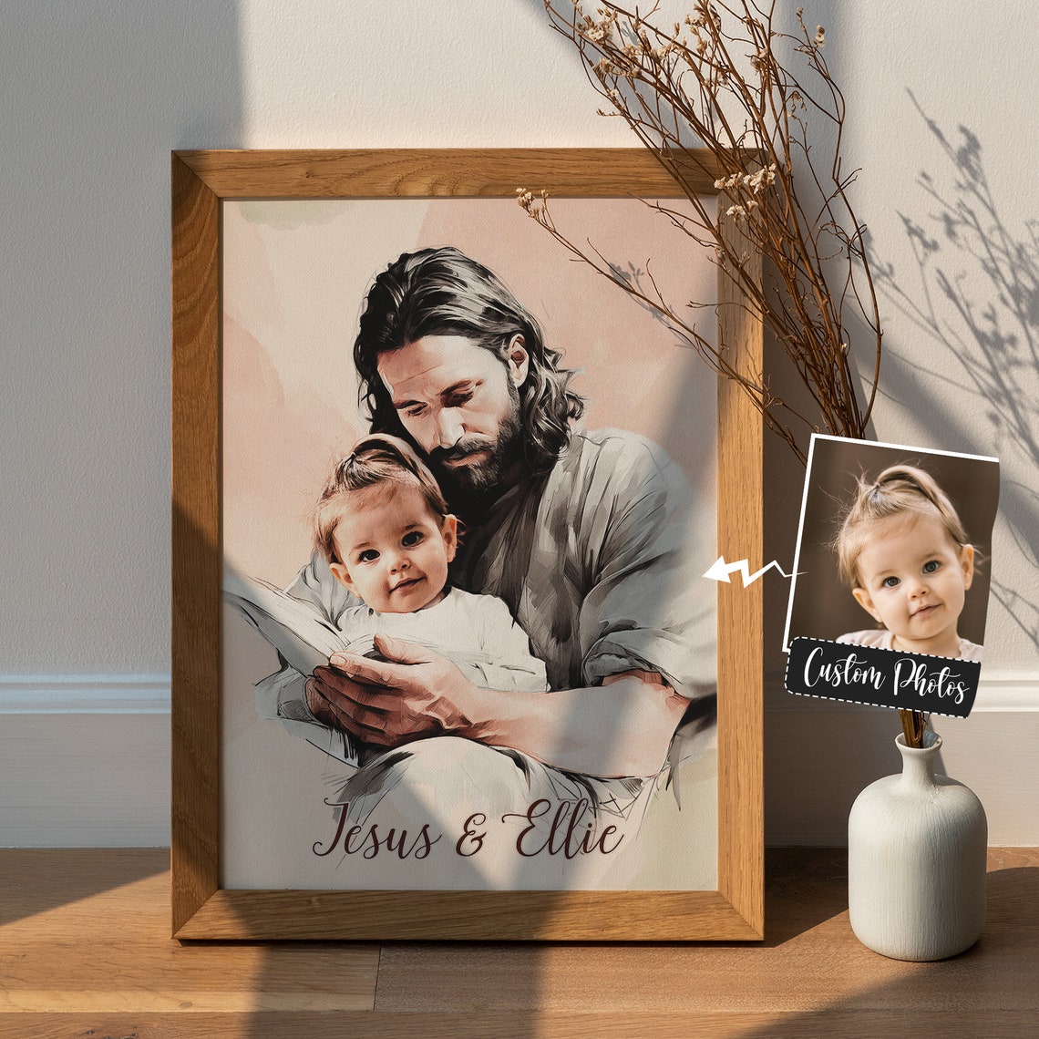 Personalized Jesus Holding Baby Memorial Your Child Safe In The Arms Of God Watercolor Wall Art Child And God Christ And Baby - Image 4