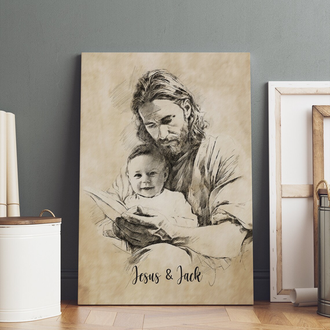 Jesus Reading with a Child in a Warm Framed Pencil Sketch Personalized Poster - Image 2