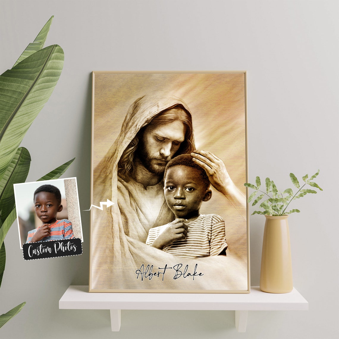 Jesus Blessing Little Boy Sepia Custom Photo Portrait Poster - Image 4