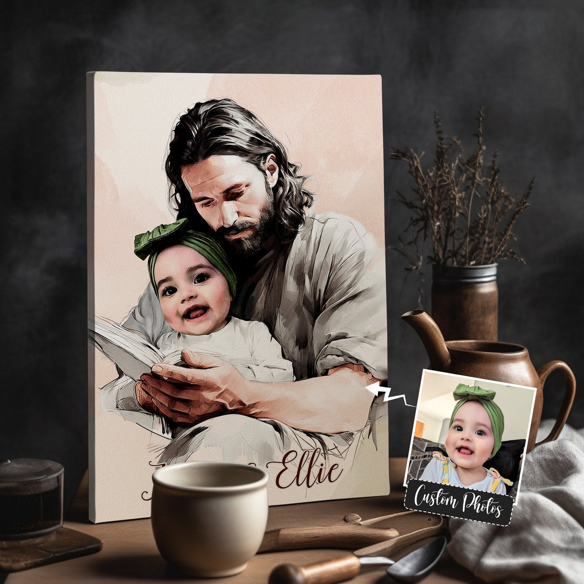 Personalized Jesus Holding Baby Memorial Your Child Safe In The Arms Of God Watercolor Wall Art Child And God Christ And Baby - Image 2