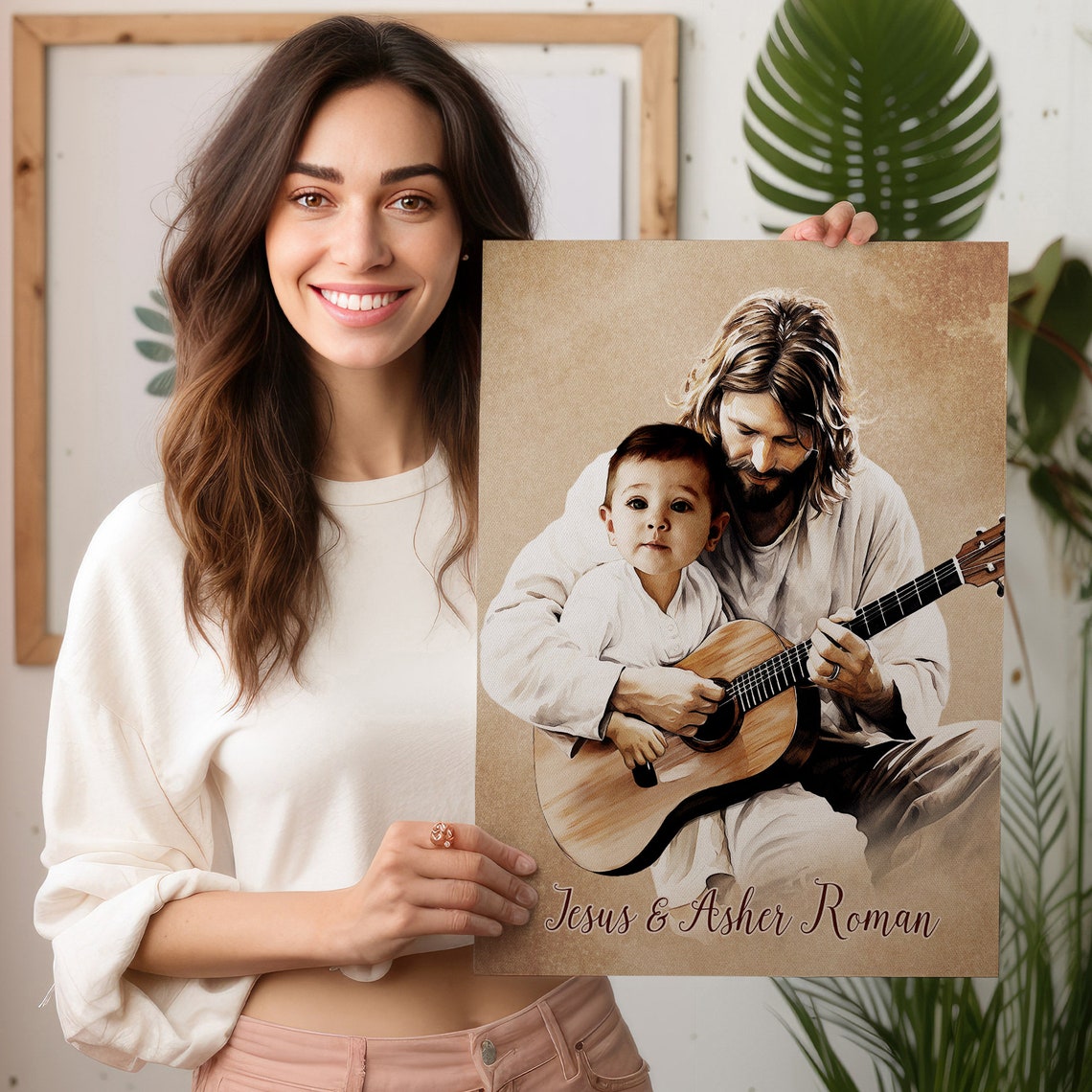 Jesus Playing Guitar With Toddler Asher Roman Sepia Watercolor Poster - Image 2