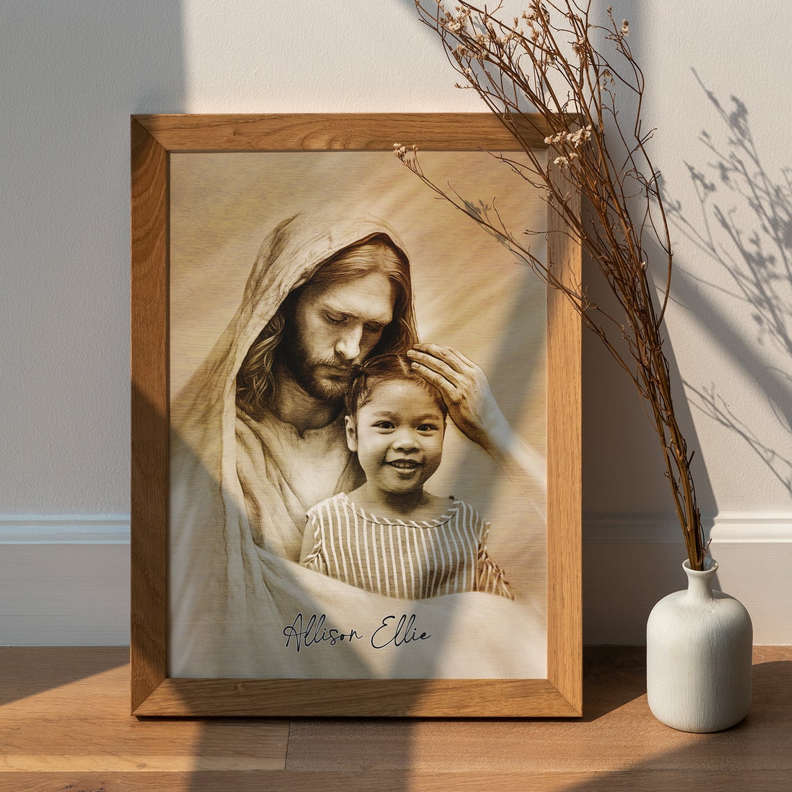 Jesus Embracing a Young Boy Sepia Pencil Personalized Memorial Poster - Image 3