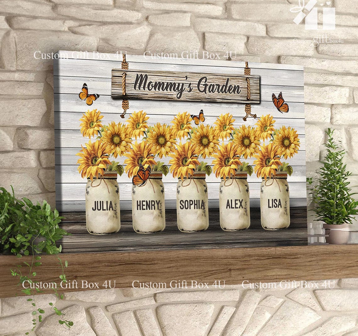 Mommy's Garden Sunflower Mason Jar Custom Grandkids Names Poster