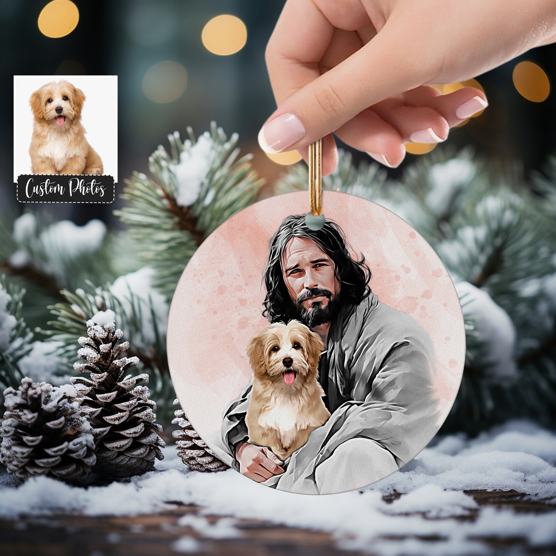 Personalized Safe In The Arms Of God Watercolor Ornament Jesus Holding Dog Memorial Xmas Gift Child And Dogs Decor Christ And Dog Art