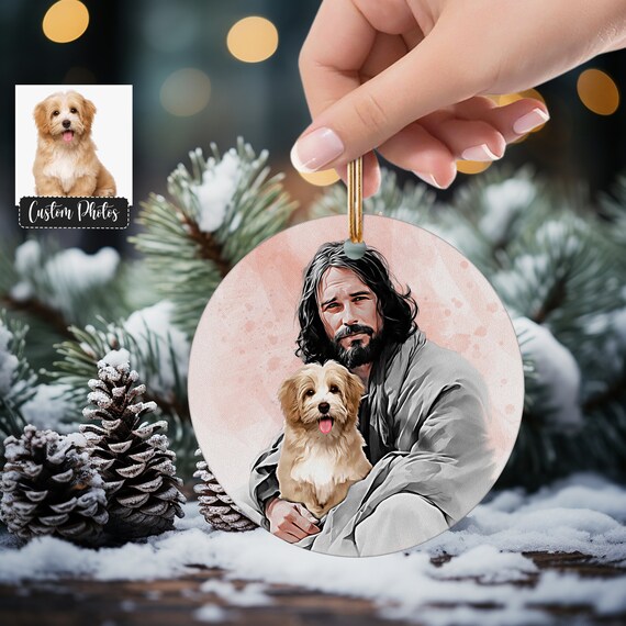 Jesus Holding a Small Dog in Soft Pink Watercolor Ornament Style Poster
