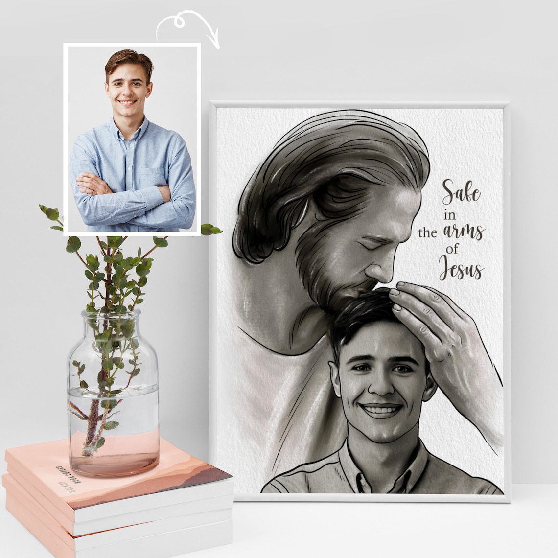 Safe in the Arms of Jesus Framed Pencil Sketch Personalized Gift Poster - Image 3