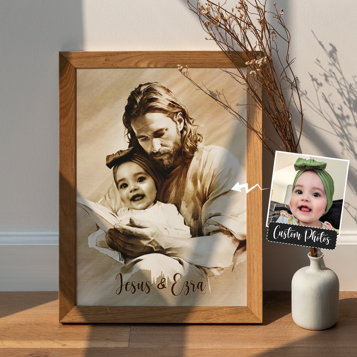 Jesus Reading to Baby Ezra Sepia Framed Personalized Memorial Wall Art