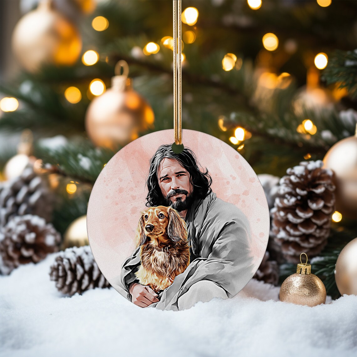 Jesus Holding a Small Dog in Soft Pink Watercolor Ornament Style Poster - Image 3