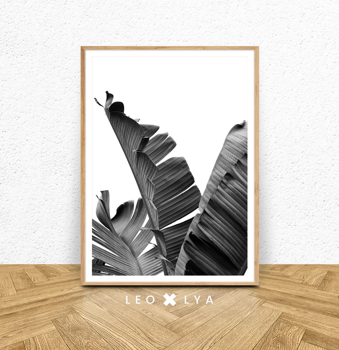Black and White Banana Leaves Dramatic Low Angle Botanical Poster