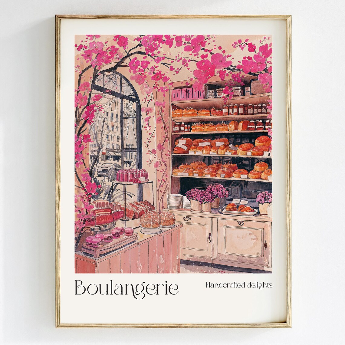 Pink French Boulangerie Bakery Watercolor Cherry Blossom Art Print