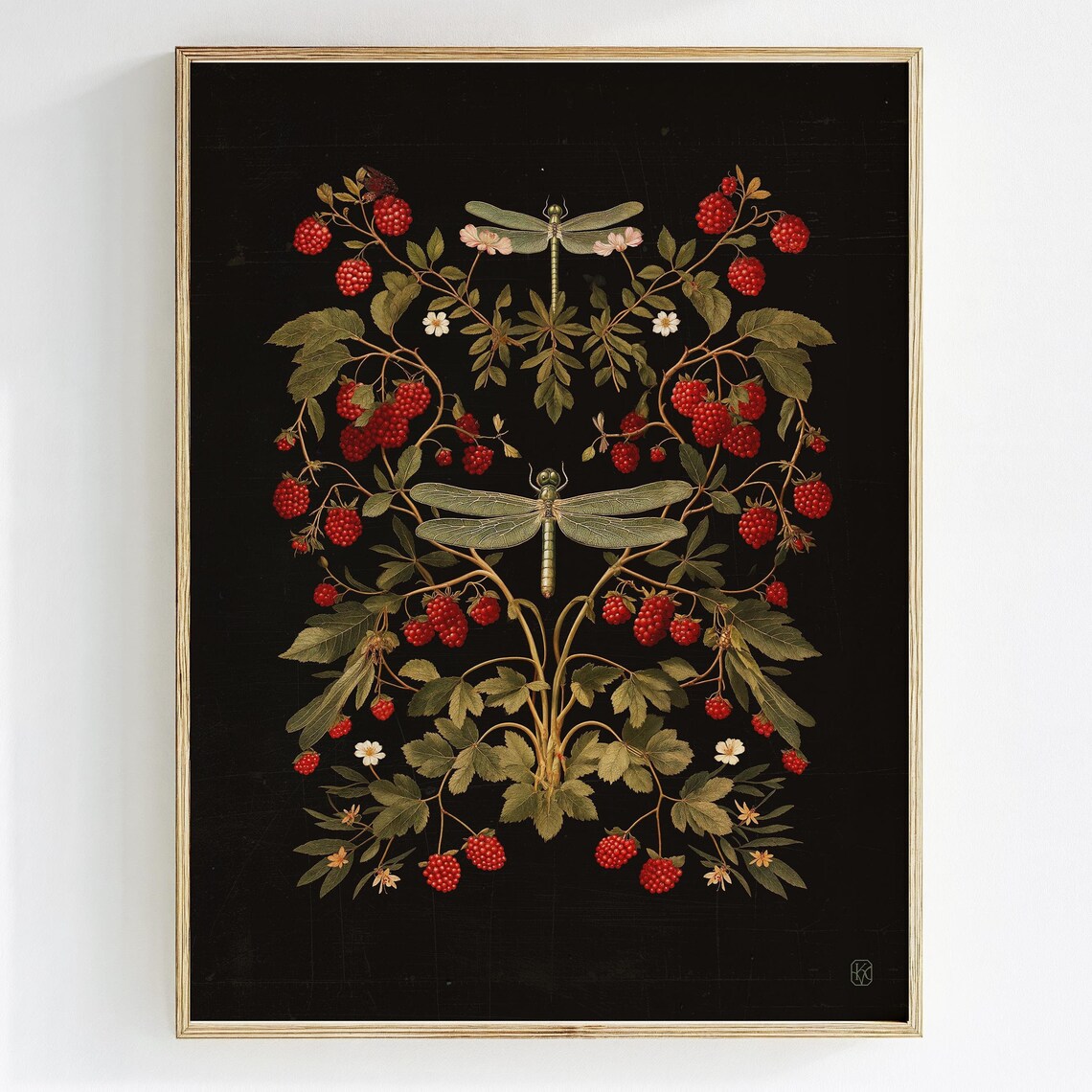 Raspberries And Dragonflies Dark Moody Vintage Botanical Art Poster - Image 3