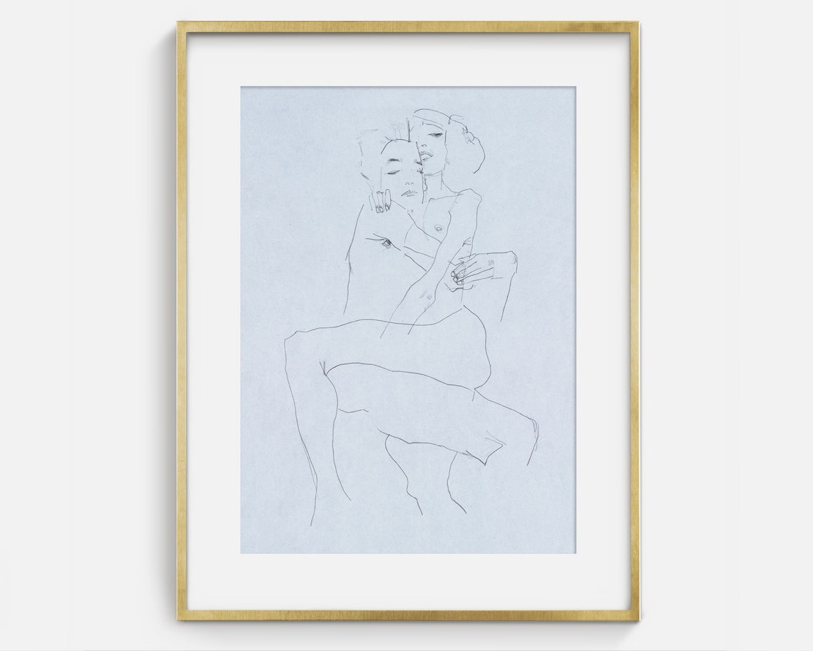 Embracing Couple Line Drawing Figure Sketch Minimalist Art Print