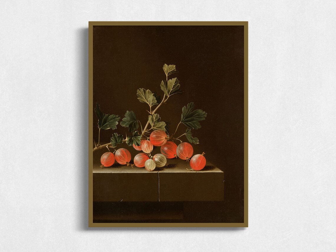 Gooseberries Still Life Moody Antique Fruit Oil Painting Art Print
