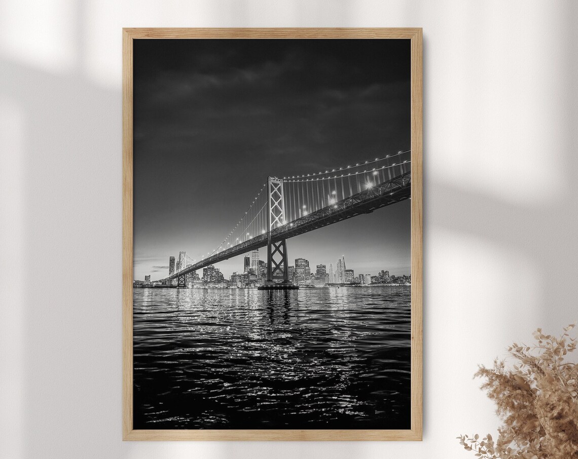 San Francisco Bay Bridge Lights Night Black and White City Poster