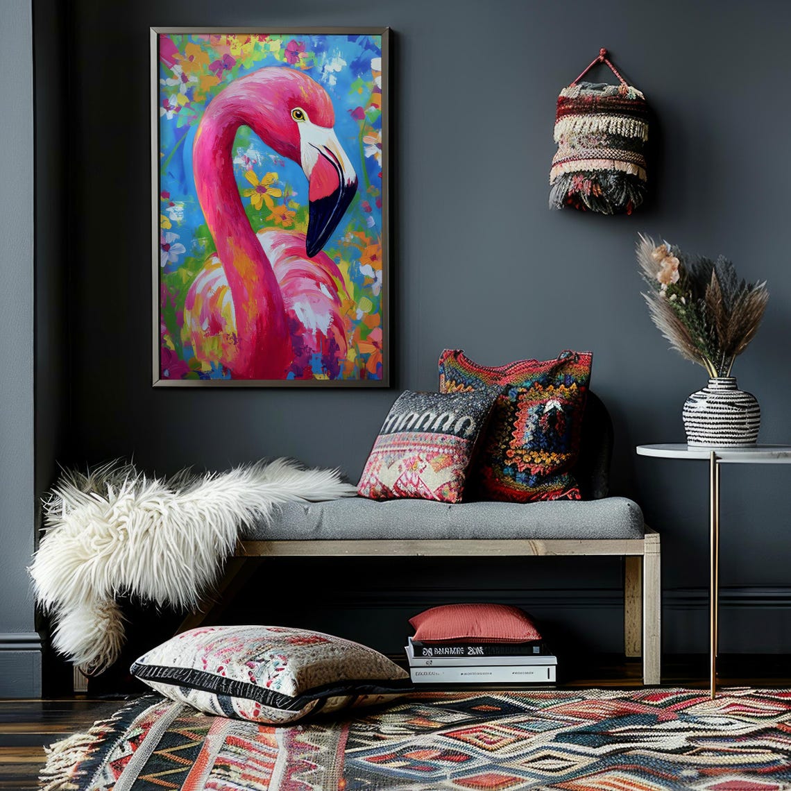 Pink Flamingo Portrait in Bright Abstract Paint With Flowers Poster - Image 2