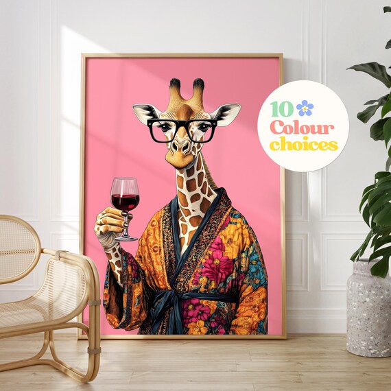 Giraffe in Glasses and Floral Robe Holding a Glass of Red Wine Poster