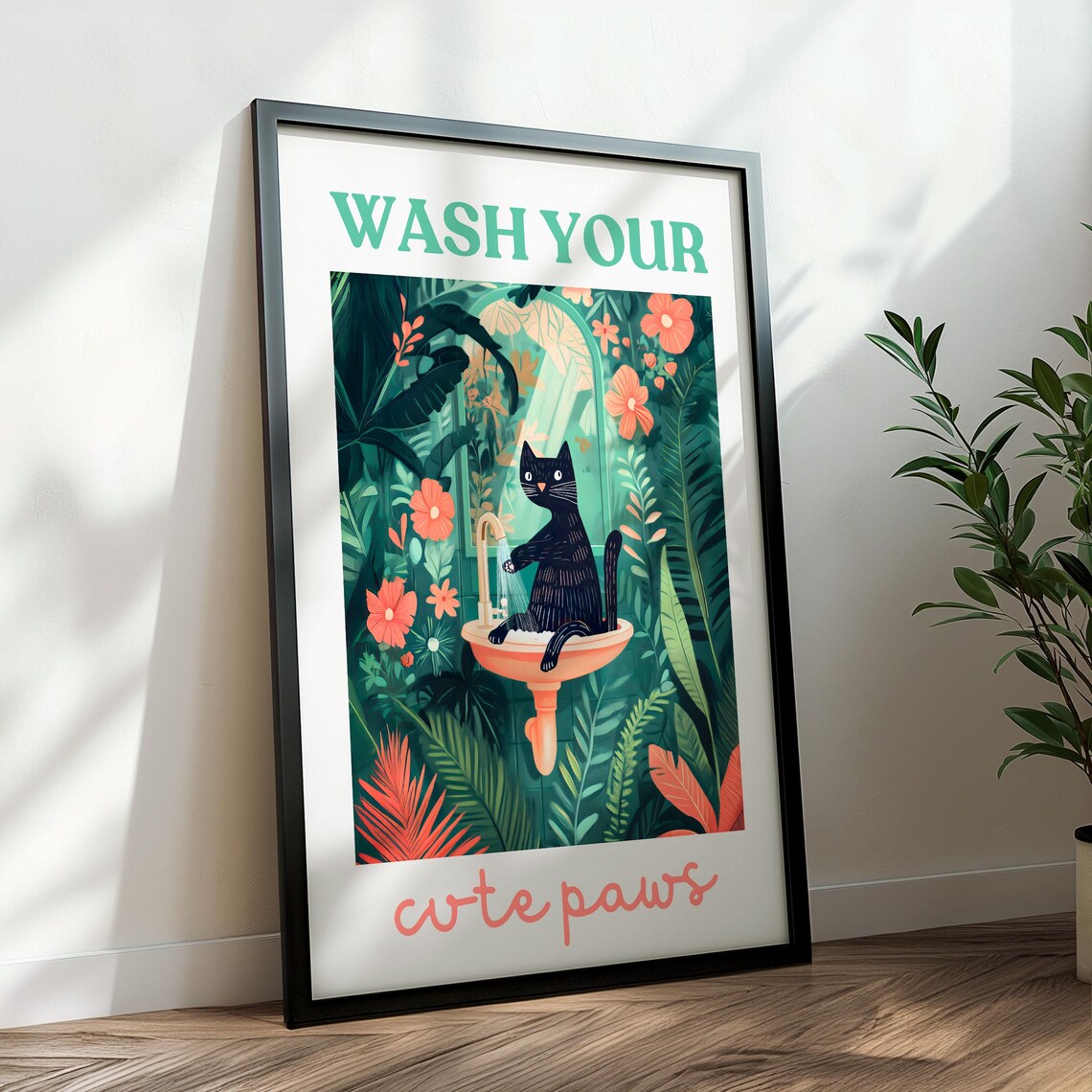 Wash Your Cute Paws Black Cat at a Sink Bathroom Reminder Poster - Image 3