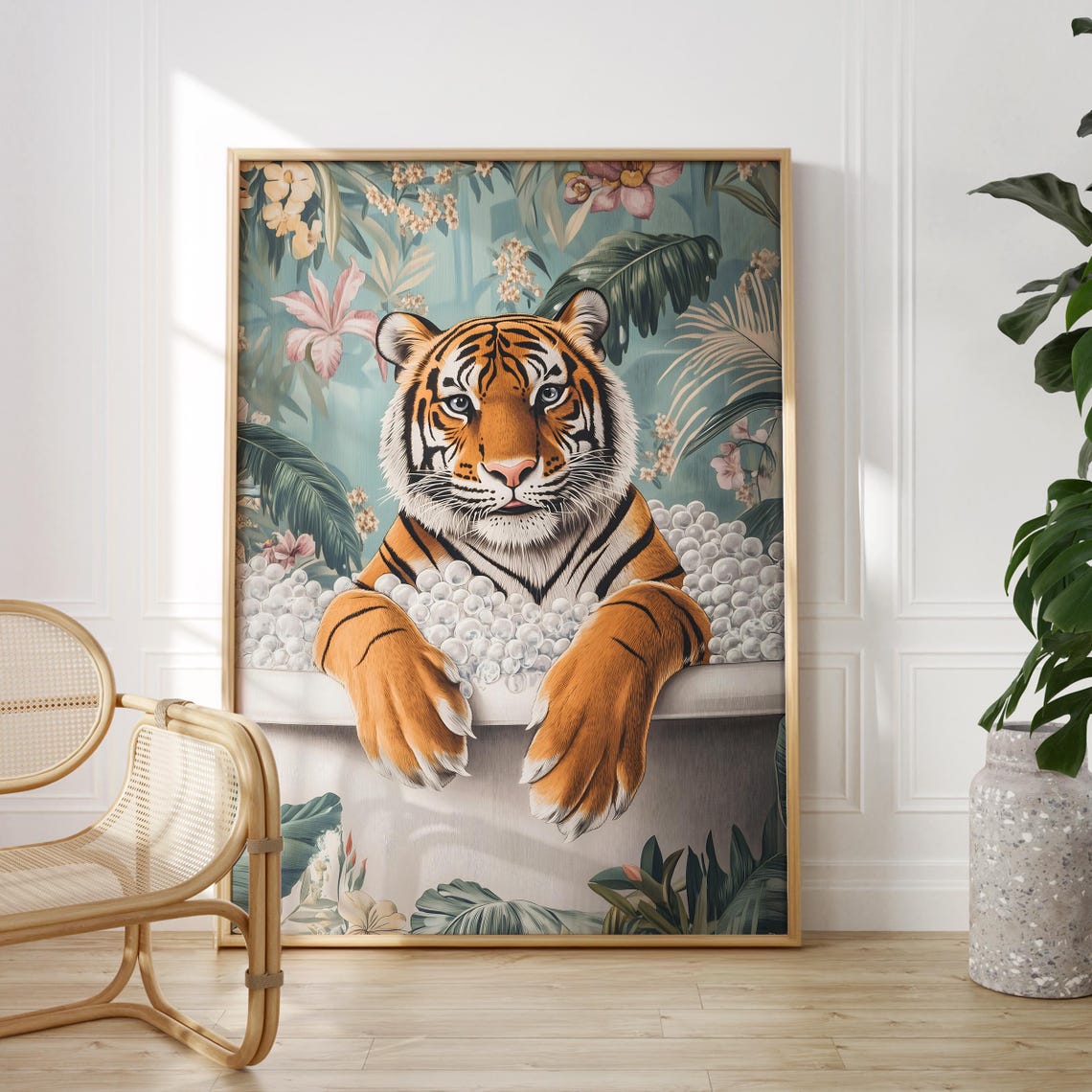 Tiger Relaxing in a Foamy Bubble Bath With Tropical Leaves Poster