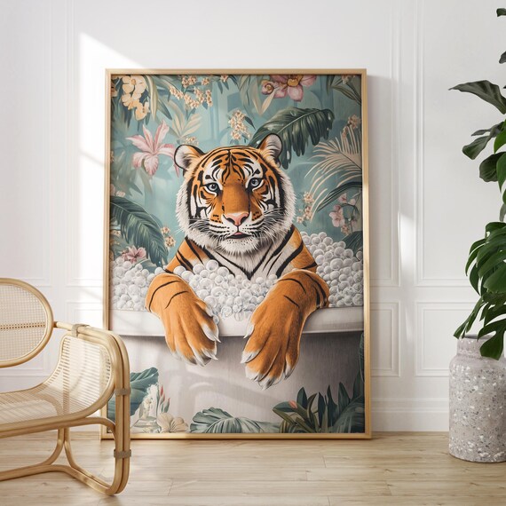 Tiger Relaxing in a Foamy Bubble Bath With Tropical Leaves Poster