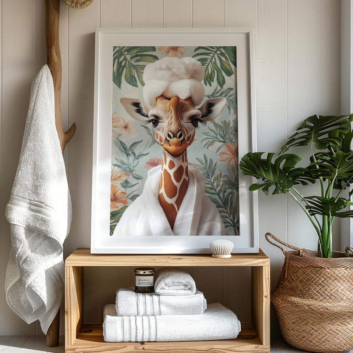 Giraffe in a Spa Robe and Towel Turban Tropical Bathroom Poster - Image 7