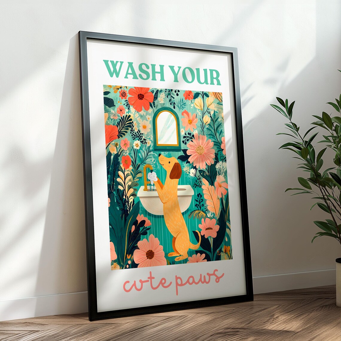 Wash Your Cute Paws Dog at a Sink Kids Bathroom Reminder Poster - Image 3