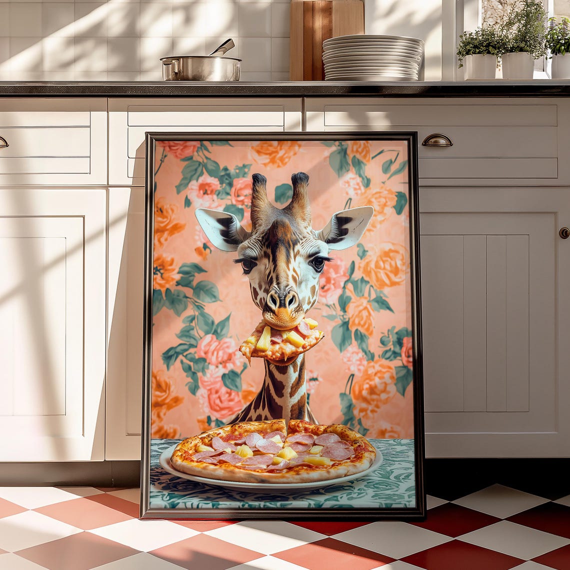 Giraffe Eating a Slice of Pepperoni Pizza Floral Kitchen Poster - Image 2