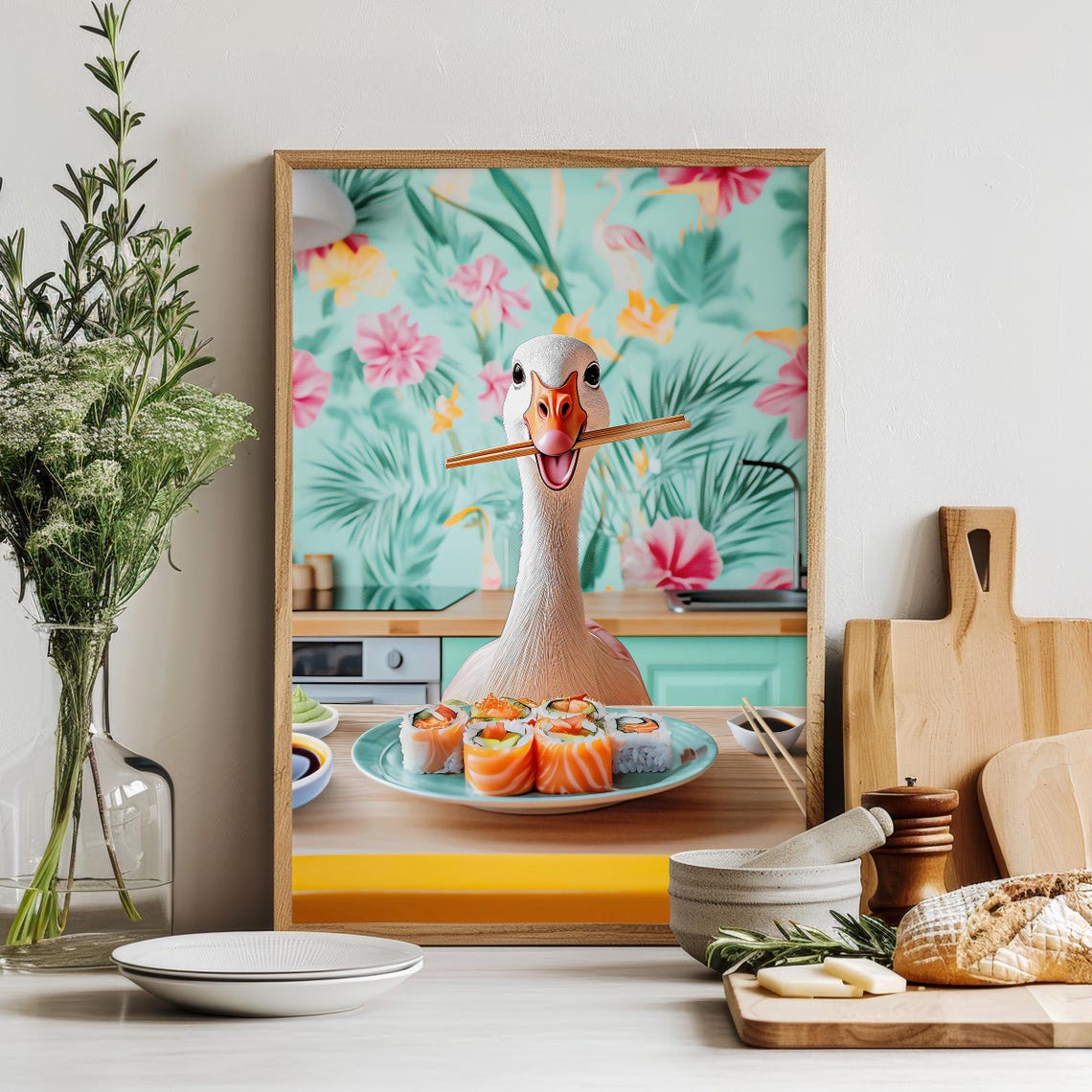 Goose With Chopsticks Eating Sushi in a Bright Kitchen Poster