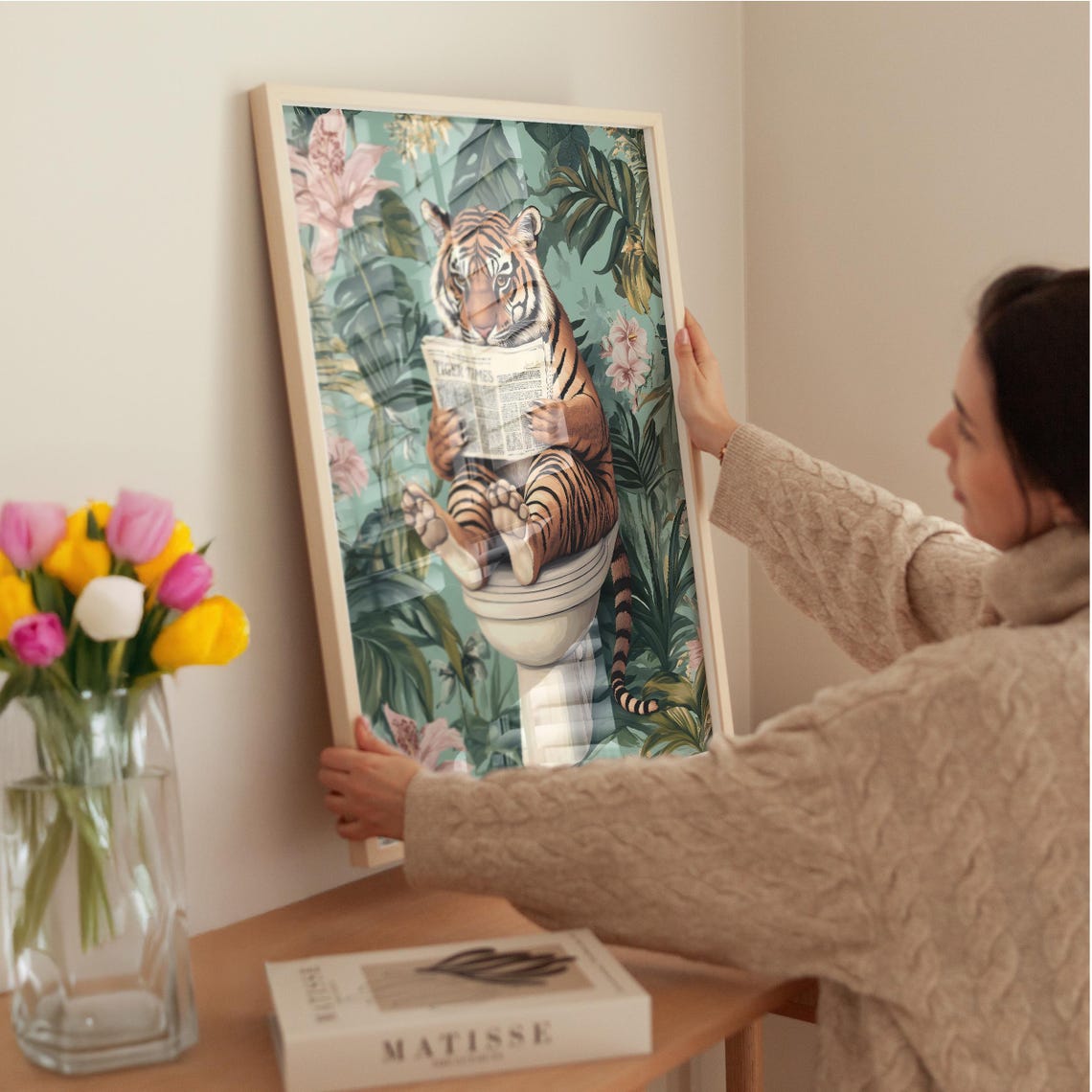 Tiger Sitting on a Toilet Reading Tiger Times Bathroom Poster - Image 3