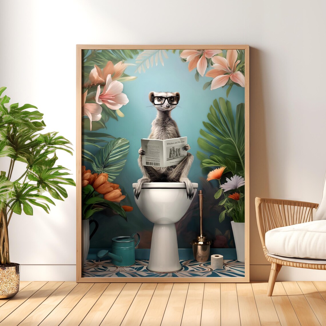 Meerkat in Glasses Reading on a Toilet Botanical Bathroom Poster