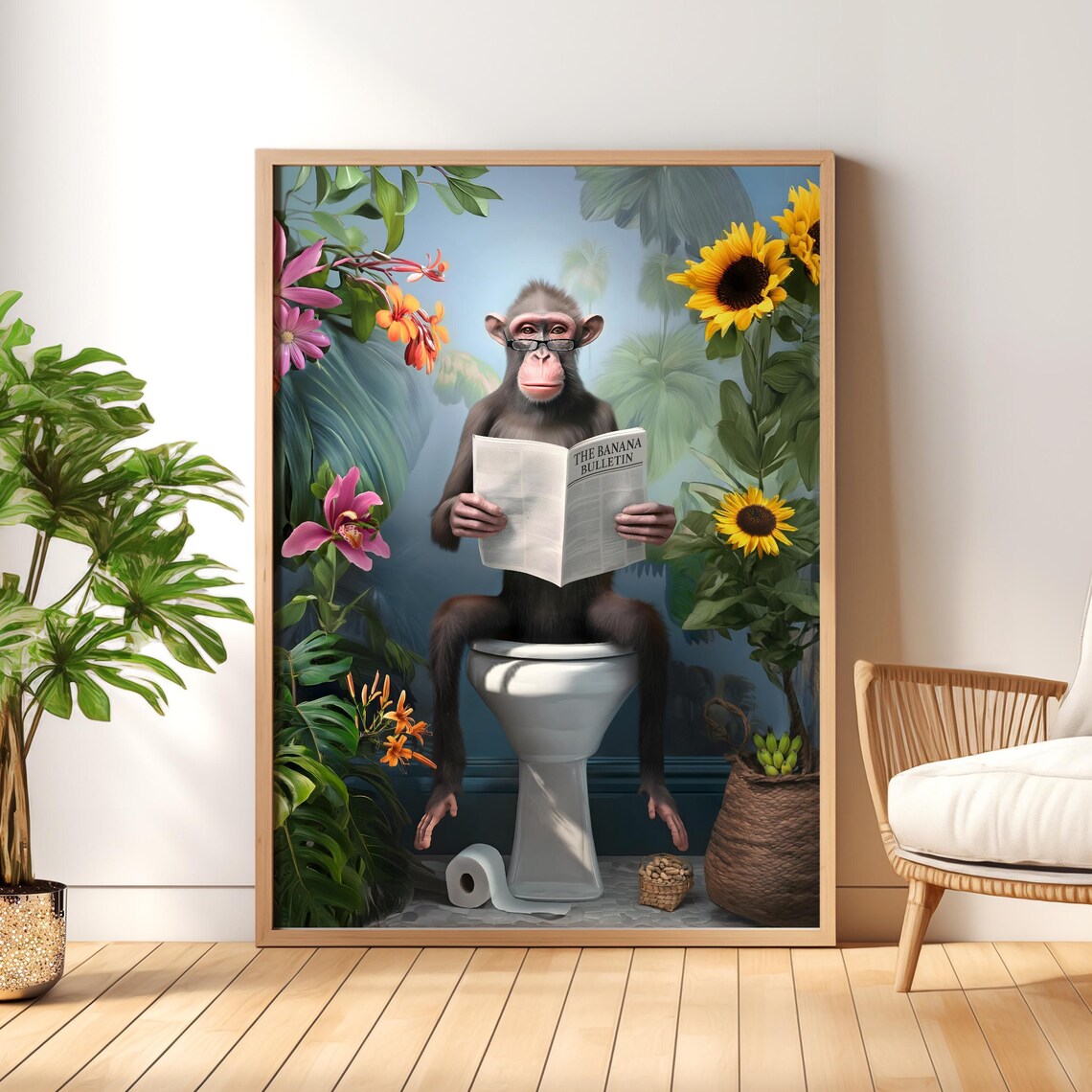 Monkey With Glasses Reading the Banana Bulletin on a Toilet Poster