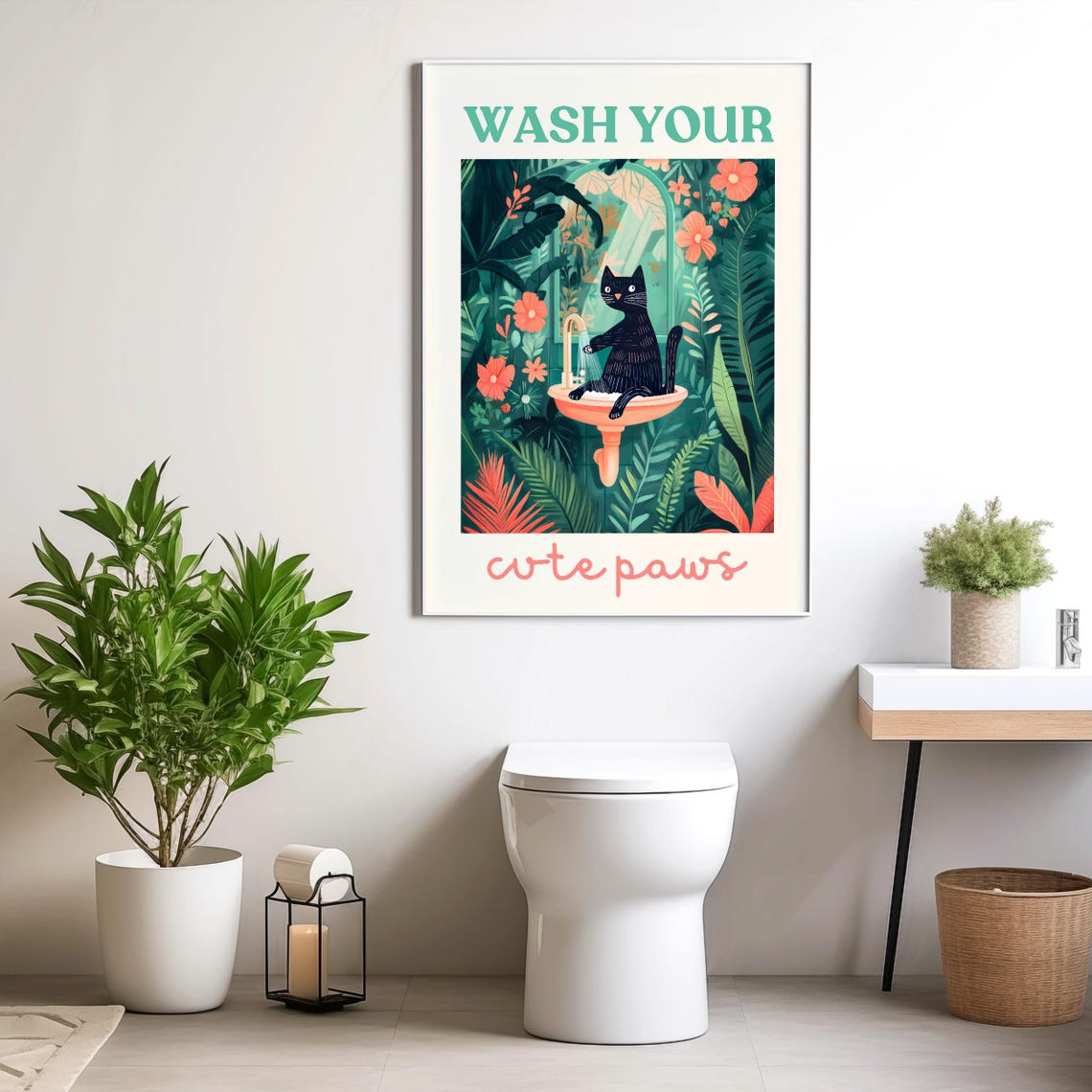 Wash Your Cute Paws Black Cat at a Sink Bathroom Reminder Poster - Image 4