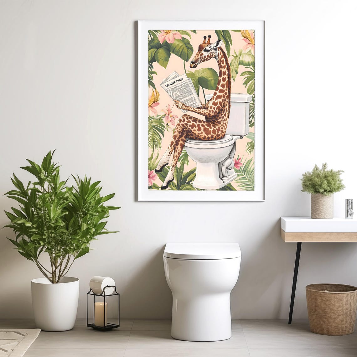 Giraffe Sitting on a Toilet Reading The Neck Times Bathroom Poster - Image 4