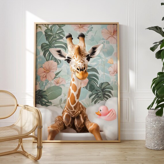 Giraffe in a Bubble Bath With a Rubber Duck in a Tropical Bathroom Poster