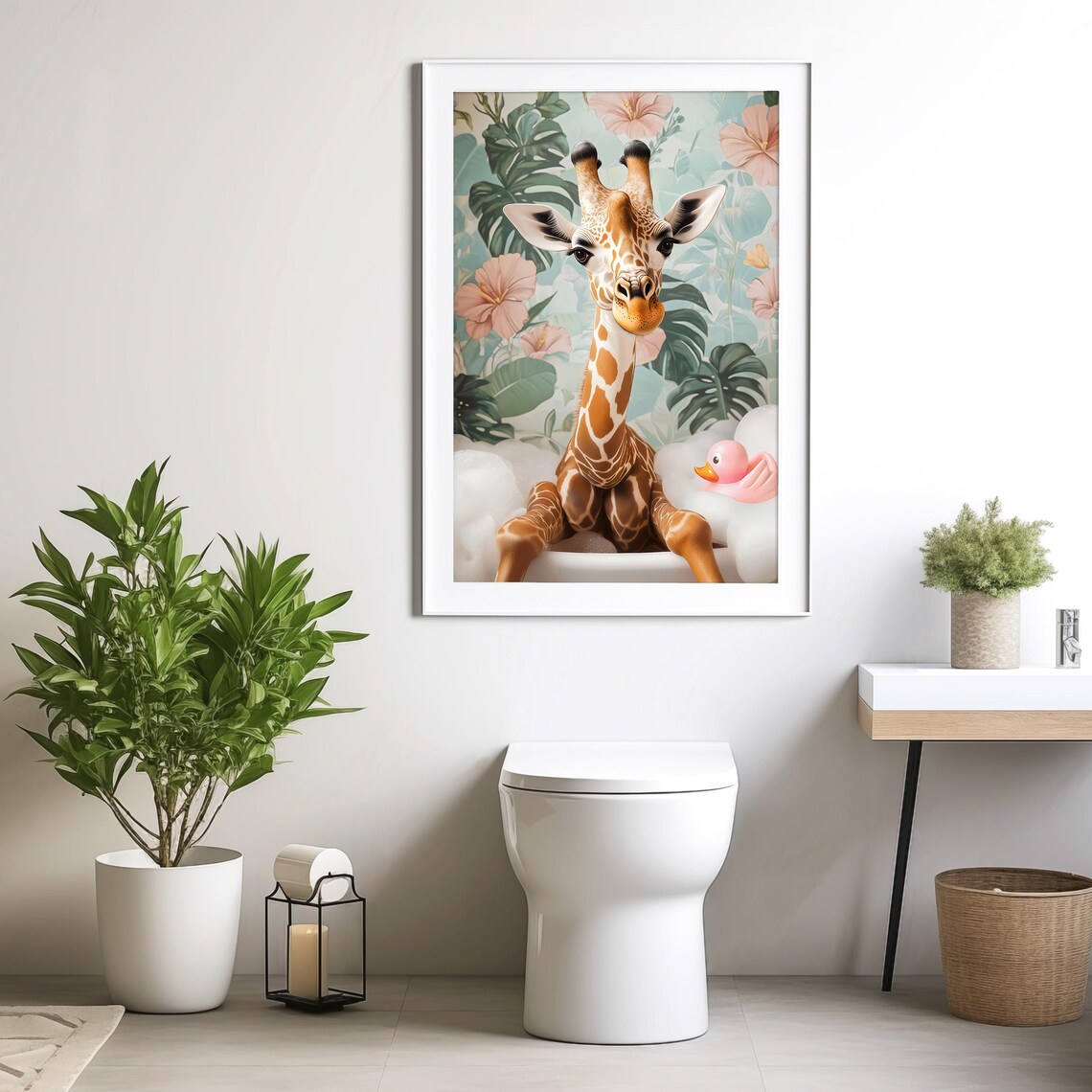 Giraffe in a Bubble Bath With a Rubber Duck in a Tropical Bathroom Poster - Image 4