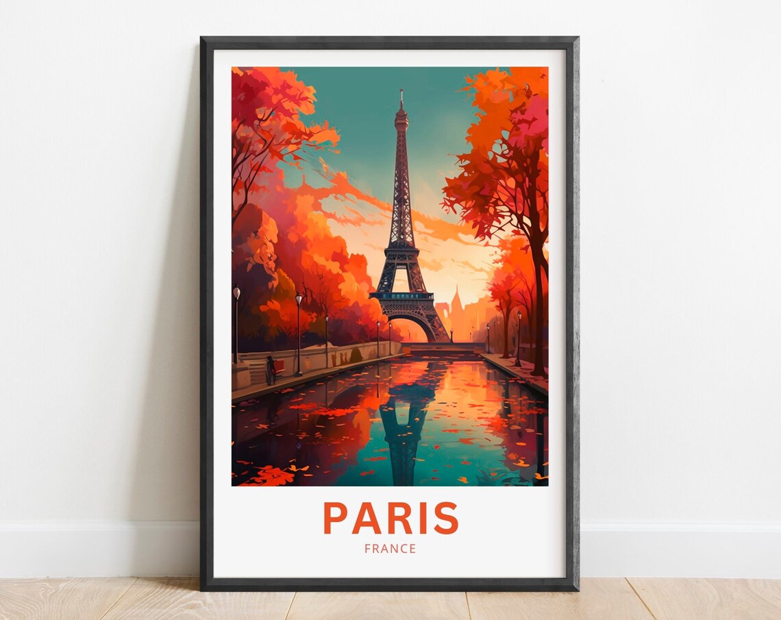 Paris France Eiffel Tower Autumn Canal Reflection Travel Poster