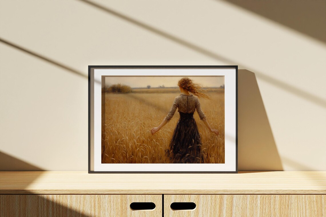 Woman In Dark Dress Amid Golden Wheat Field Windswept Vintage Art Poster - Image 3