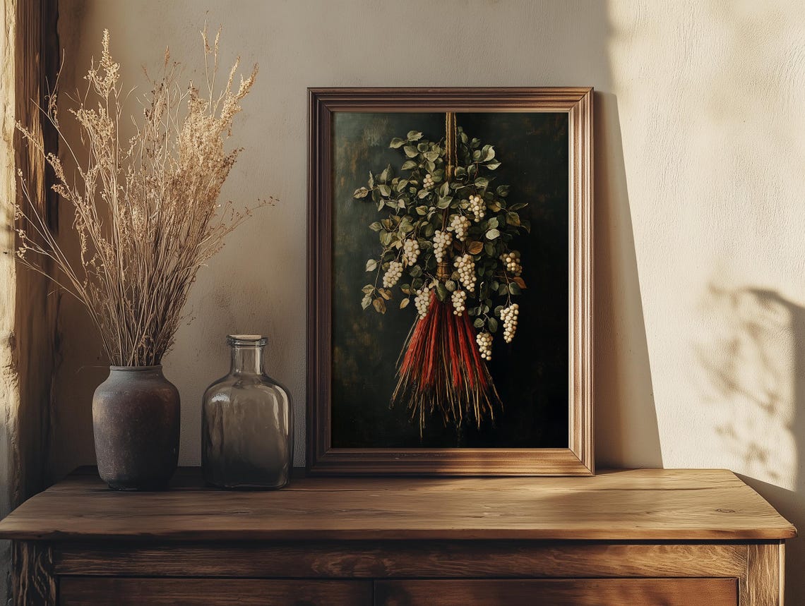 Hanging White Berries Botanical Bouquet on Dark Minimal Art Poster