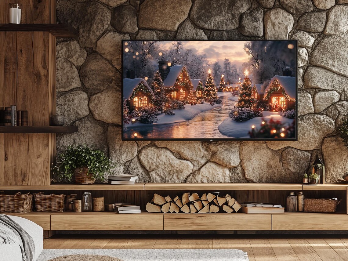 Snowy Christmas Village Cottages Along Frozen Canal At Dusk Art Poster - Image 2