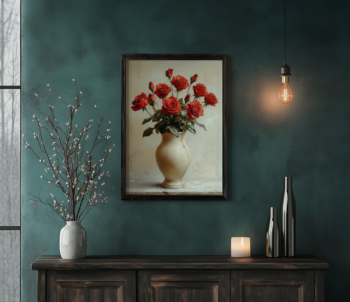 Lush Red Roses in a White Ceramic Vase Classic Floral Poster - Image 6