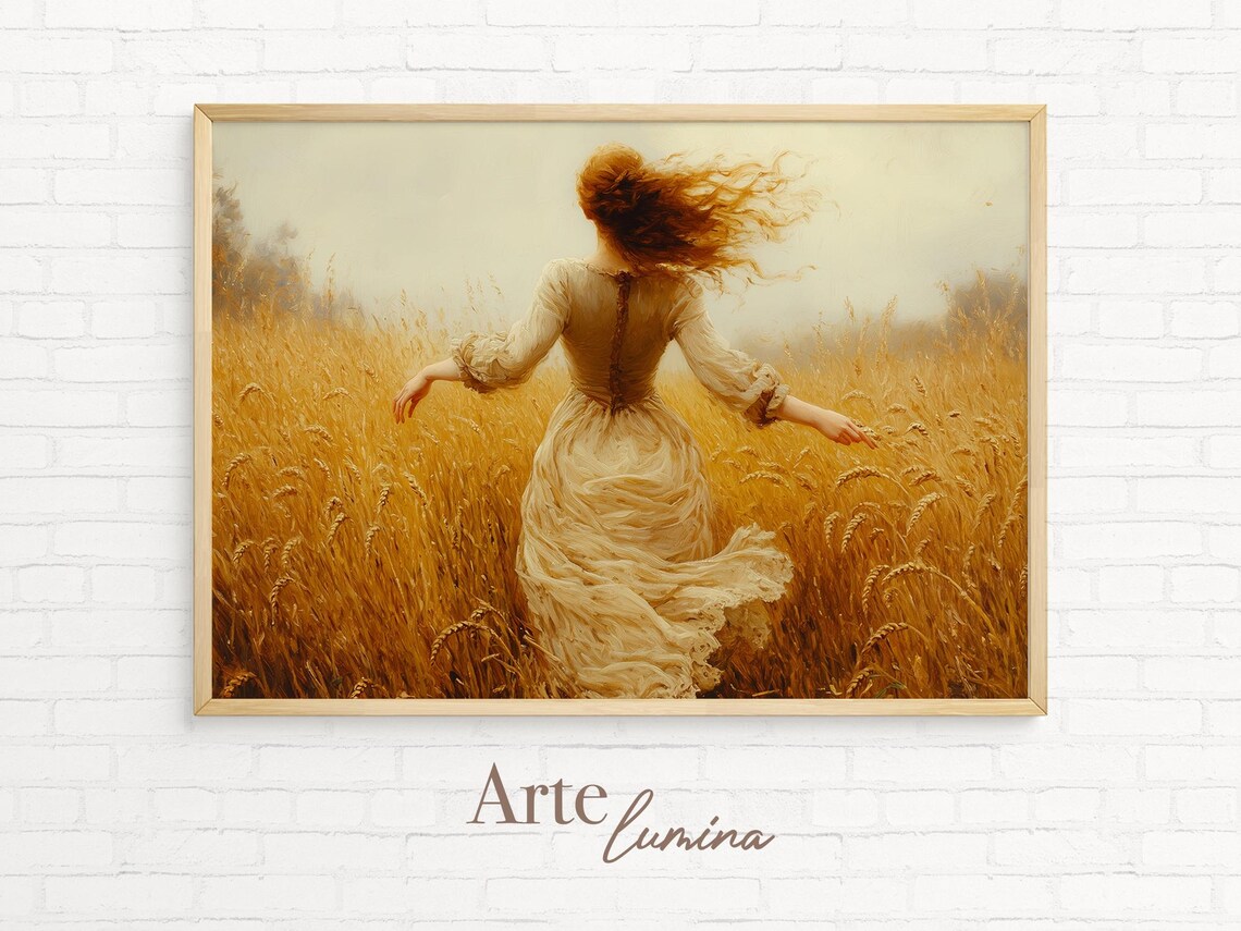 Red Haired Woman Running Through Golden Wheat Field Painting Poster - Image 7